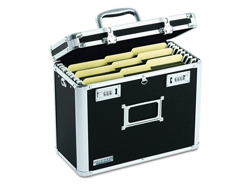 Vaultz File Organizer Storage Box - 14 x 7 x 12.19 Inch Letter Size, Portable Locking Storage Totes with Dual Combination Locks for Filing Office Documents - Black - Image 1